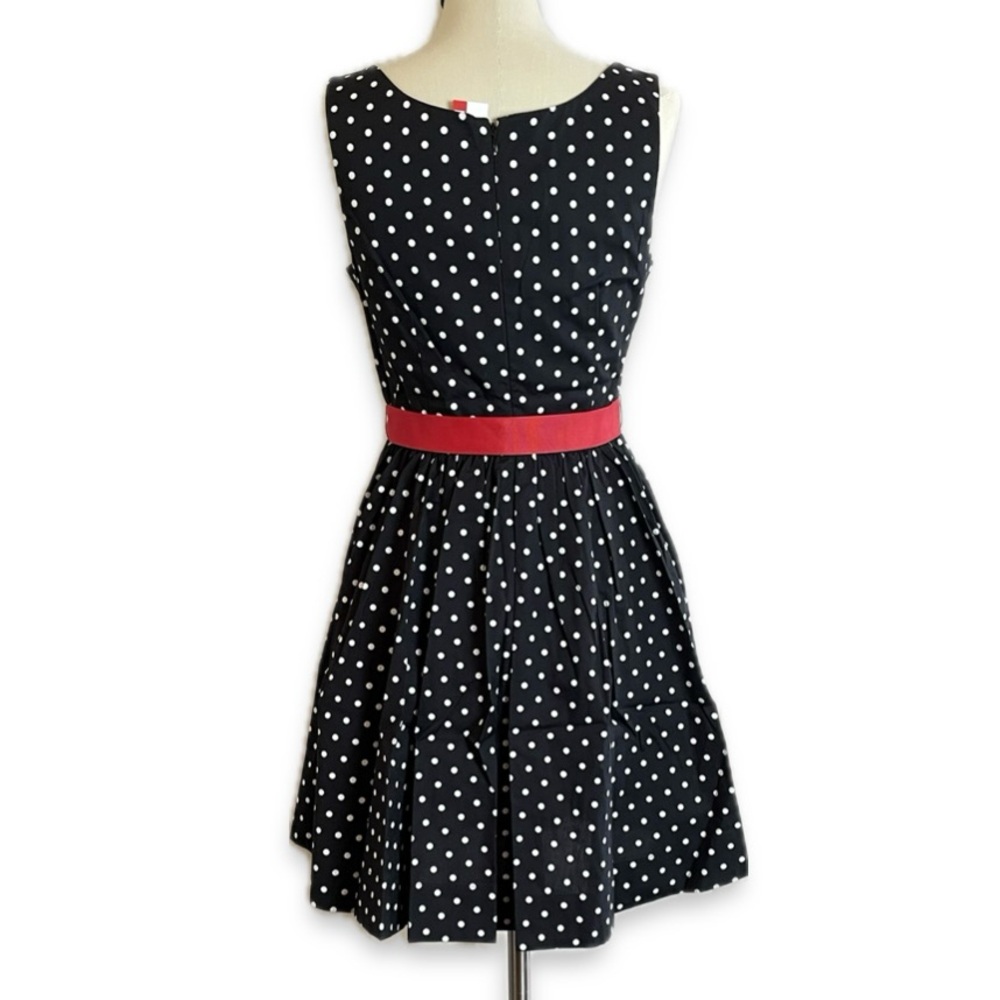 NWT Elle black and white polka dot fit and flare dress with red bow belt - Picture 3 of 5